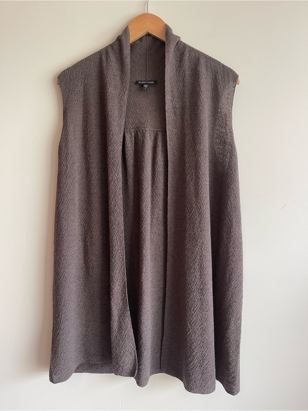 Eileen Fisher 100% Wool Long Open Front Vest L Taupe Brown Draped Cardigan